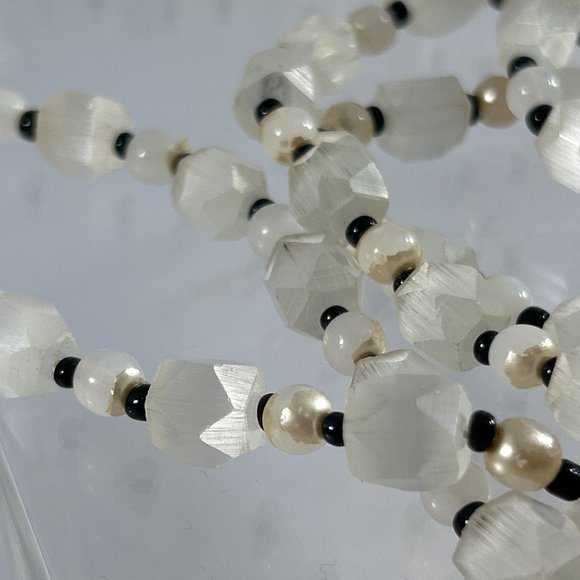 Long 56" Beaded Necklace White Faceted Beads Black Spacers Tunic Length - Picture 8 of 12